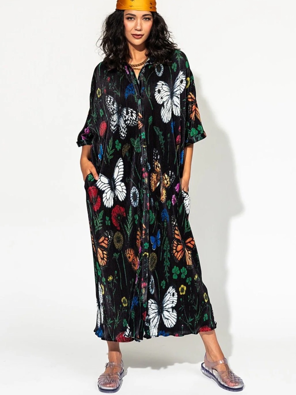 Dressed in LALA So Far So Good Oversized Plissé Dress in Folklore Florals NWOT